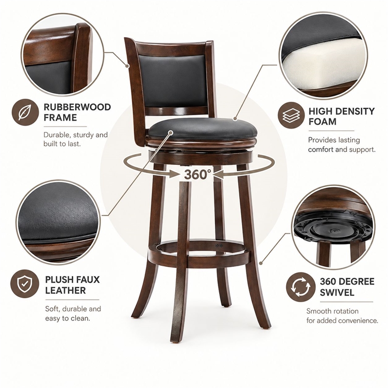 Boraam Wood Augusta Bar Height Swivel Bar Stool in Cappuccino Finish