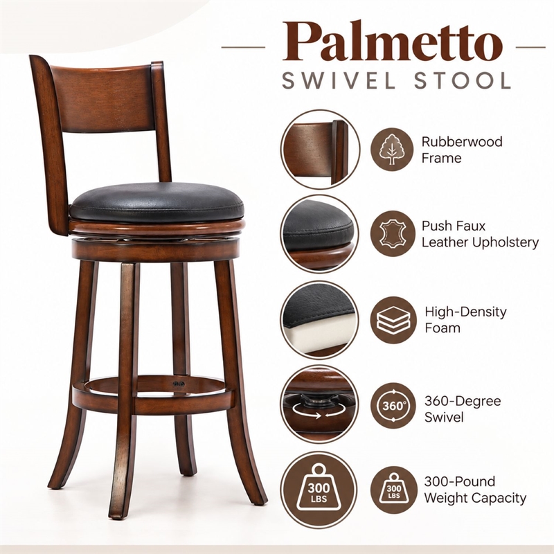 Boraam Wood Palmetto Bar Height Swivel Bar Stool in Brandy Brown Finish