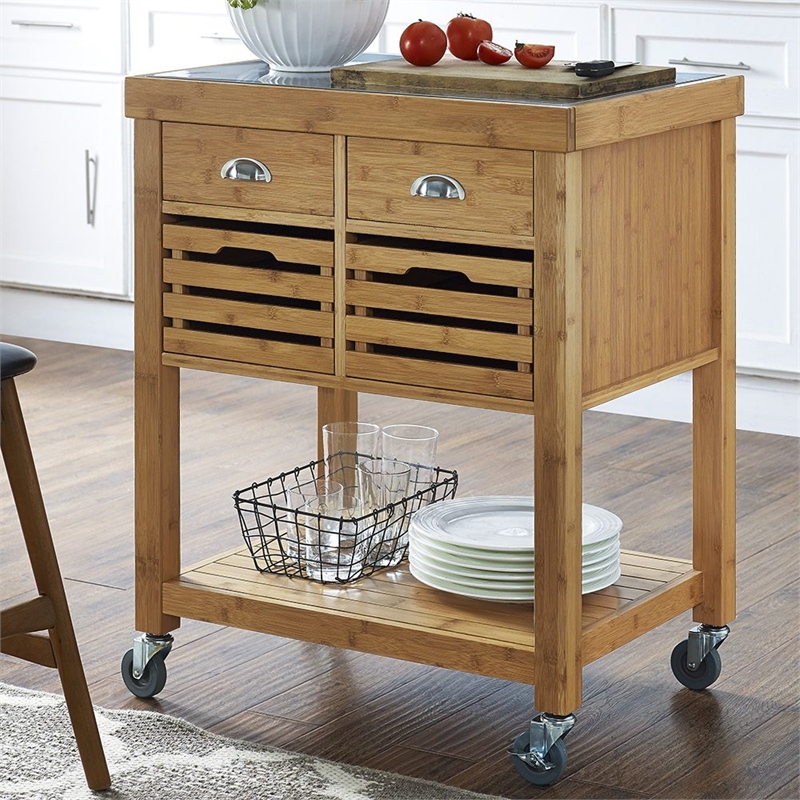 Boraam Kenta Bamboo Kitchen Cart - Stainless Steel Top