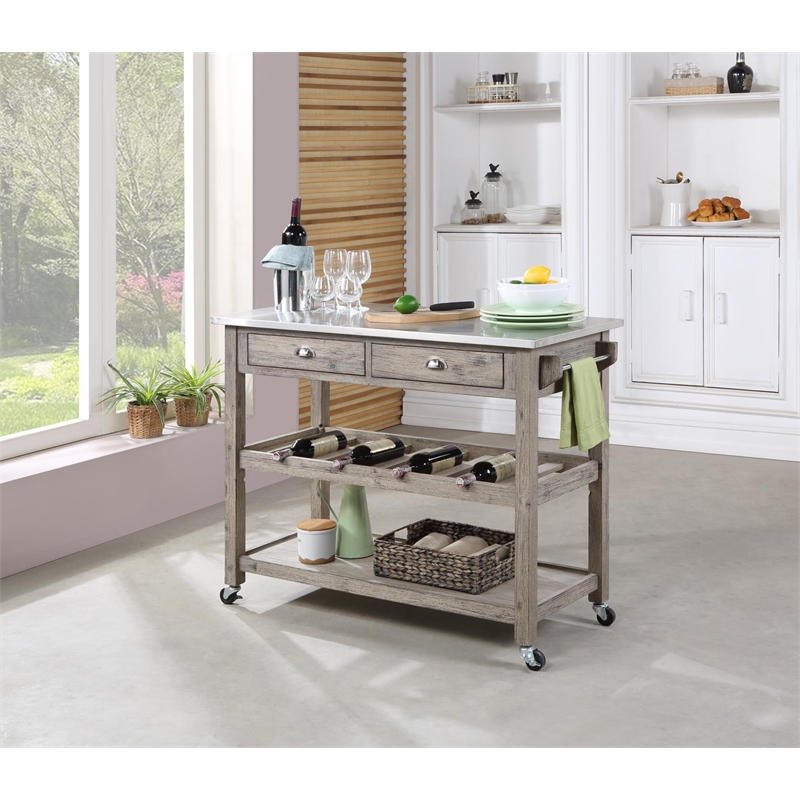 Booram Montana Kitchen Island Stainless Steel Top - Light Barnwood Finish