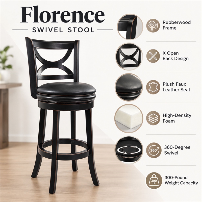 Boraam Florence Bar Height Swivel Bar Stool in Black Sandthru