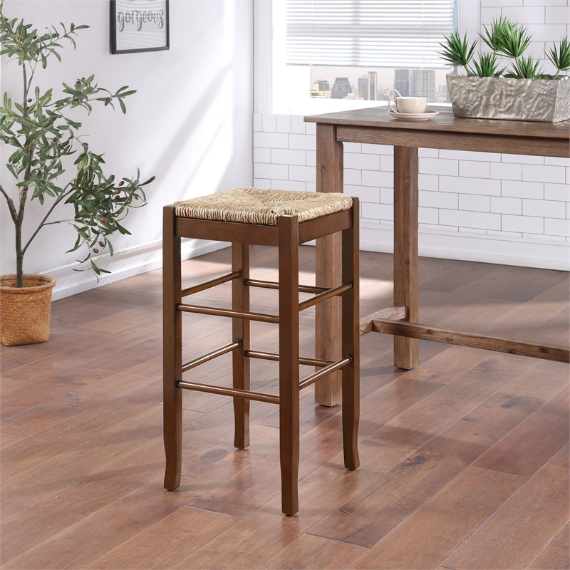 Boraam Wood Square Rush Backless Bar Stool in Cappuccino Finish