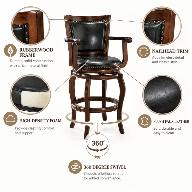 Boraam Wood Jones Bar Height Swivel Bar Stool in Cappuccino Finish