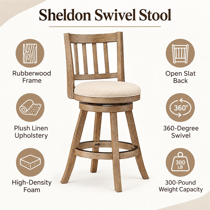 Boraam Sheldon Swivel Counter Stool in Driftwood Wire-Brush and Ivory