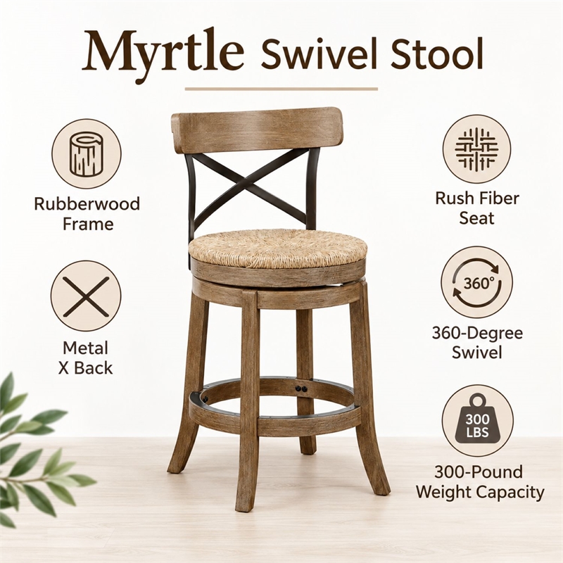Boraam Wood Myrtle Swivel Counter Stool in Wheat Wire-Brush Brown Finish