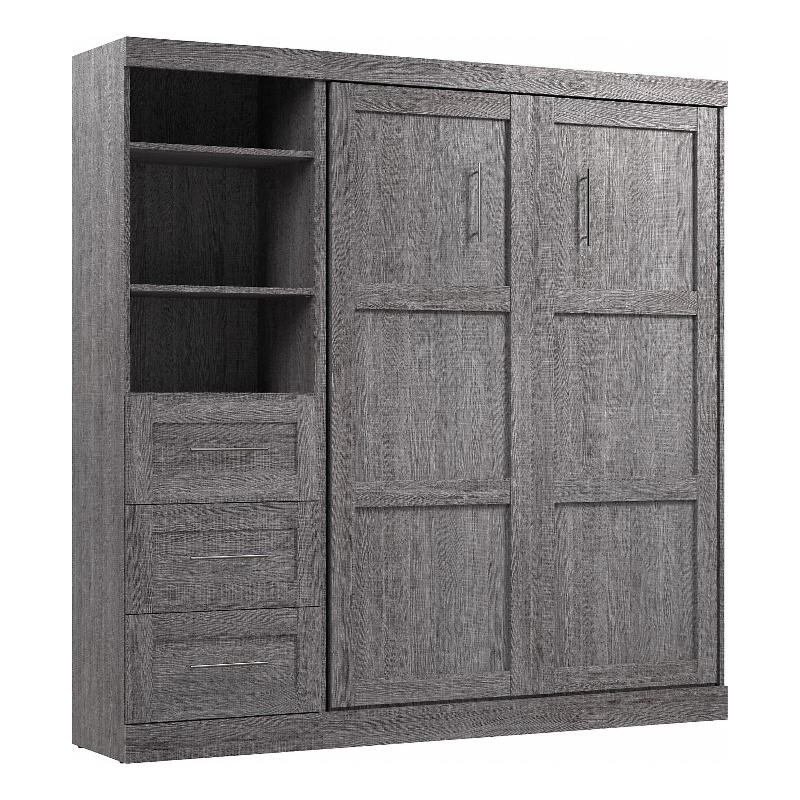 Bestar Pur Full Murphy Bed and Shelving Unit with Drawers (84W) in Bark Grey