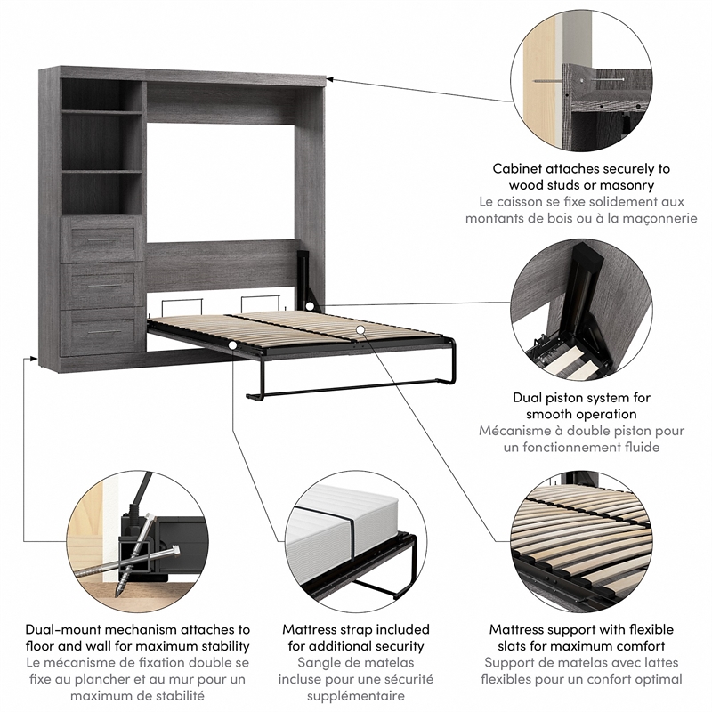 Bestar Pur Full Murphy Bed and Shelving Unit with Drawers (84W) in Bark Grey