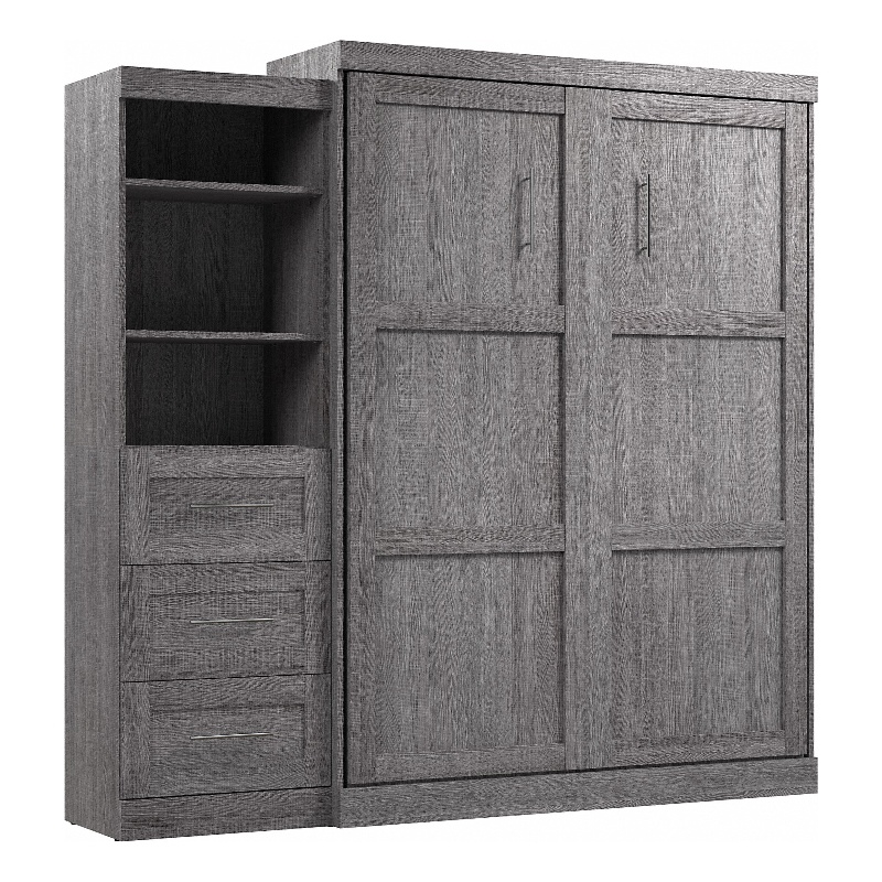Bestar Pur Queen Murphy Bed and Shelving Unit with Drawers (90W) in Bark Gray