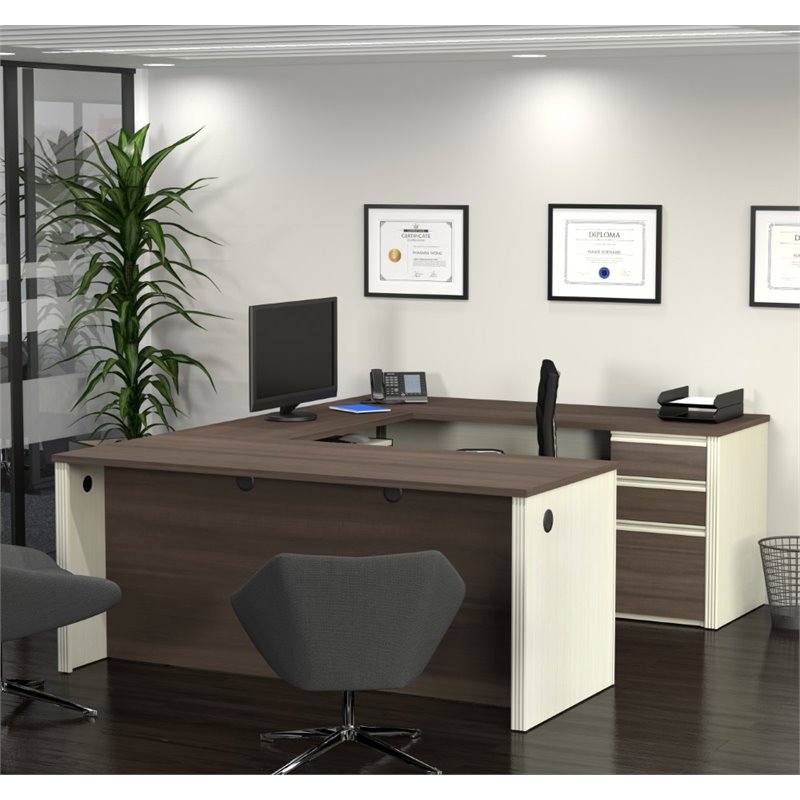 Bestar Prestige Plus U-Desk in White Chocolate and Antigua