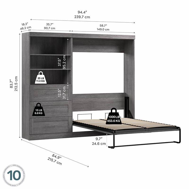 Bestar Pur Full Murphy Bed and Shelving Unit with Drawers (95W) in Bark Grey