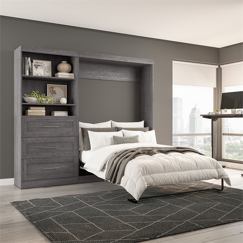 Bestar Pur Full Murphy Bed and Shelving Unit with Drawers (95W) in Bark Grey