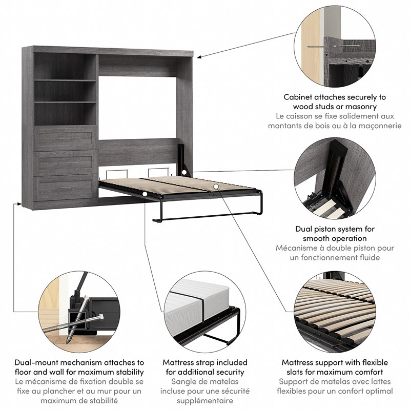 Bestar Pur Full Murphy Bed and Shelving Unit with Drawers (95W) in Bark Grey