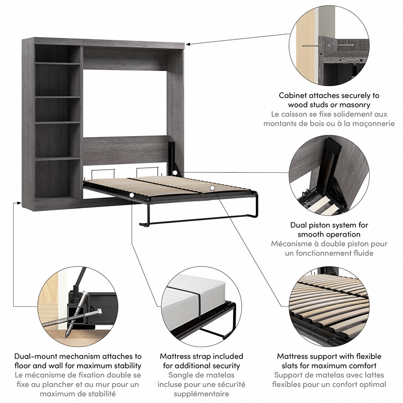 Bestar Pur Full Murphy Bed with Shelving Unit (84W) in Bark Grey