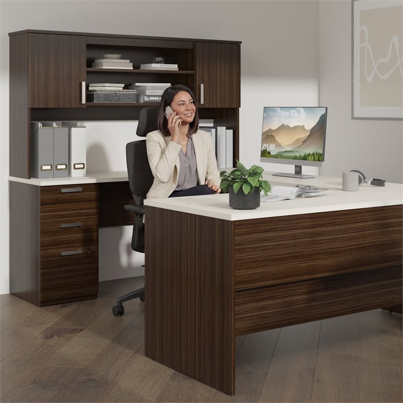 Ridgeley U Shaped Desk with Storage Set in White Chocolate - Engineered Wood
