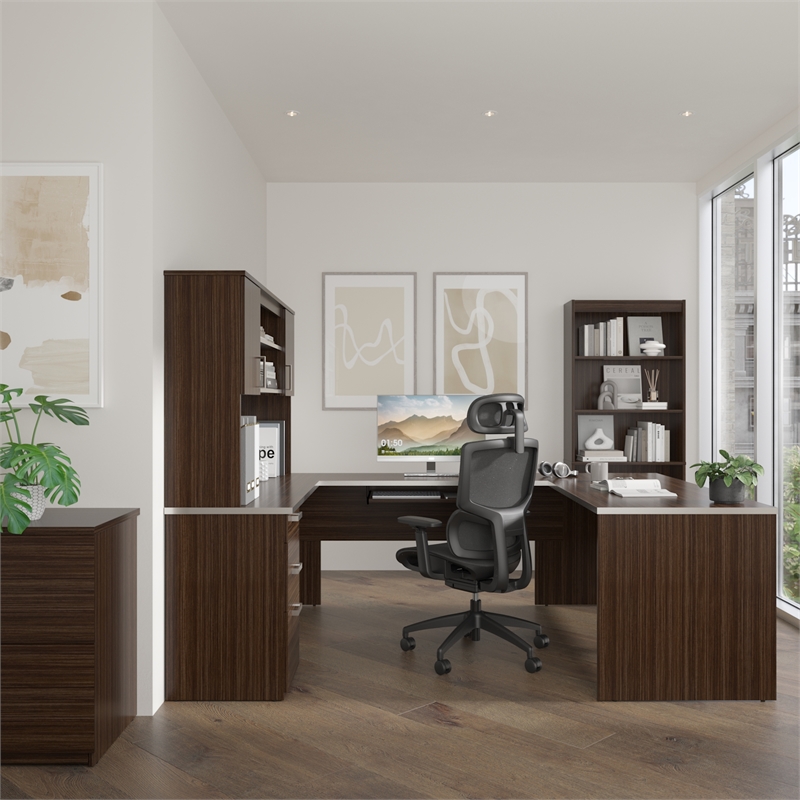 Ridgeley U Shaped Desk with Storage Set in Dark Chocolate - Engineered Wood
