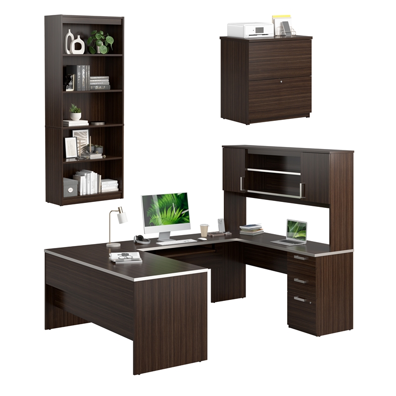 Ridgeley U Shaped Desk with Storage Set in Dark Chocolate - Engineered Wood