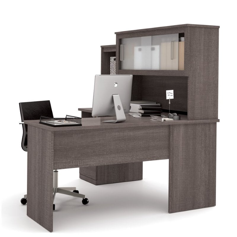 Bestar Dayton L-Shaped Engineered Wood Desk with Keyboard Tray in Bark Gray