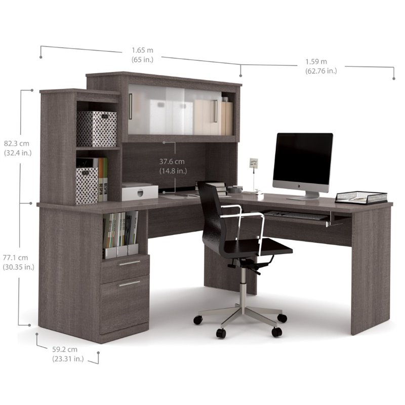Bestar Dayton L-Shaped Engineered Wood Desk with Keyboard Tray in Bark Gray