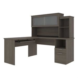 Bestar Dayton L-Shaped Engineered Wood Desk with Keyboard Tray in Bark Gray