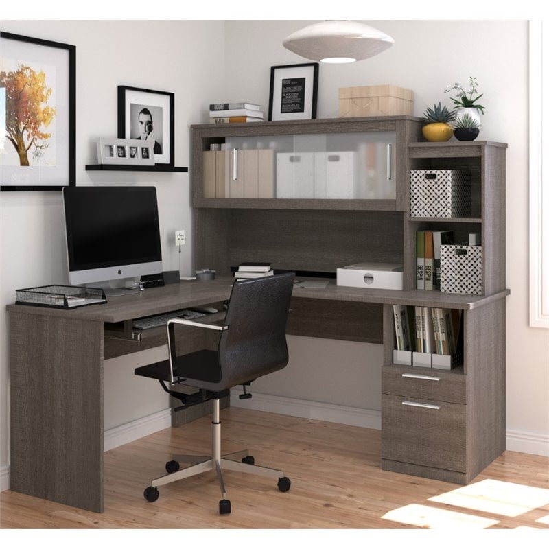 Bestar Dayton L-Shaped Engineered Wood Desk with Keyboard Tray in Bark Gray
