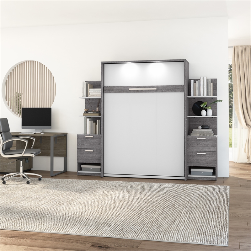 Cielo Full Murphy Bed with Nightstands in Bark Gray and White - Engineered Wood