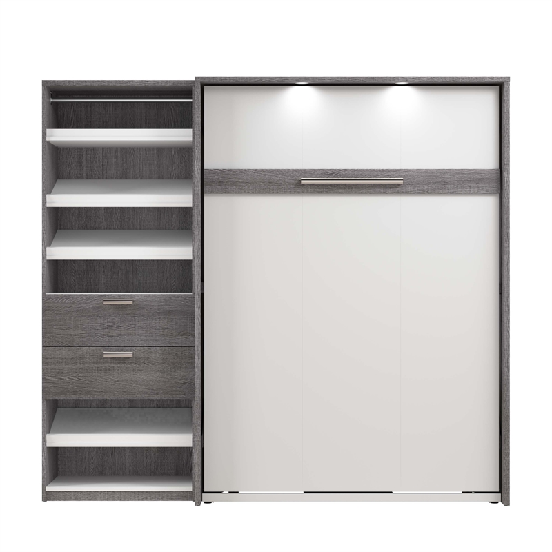 Bestar Cielo Engineered Wood Full Murphy Bed with Closet Organizer in Gray/White