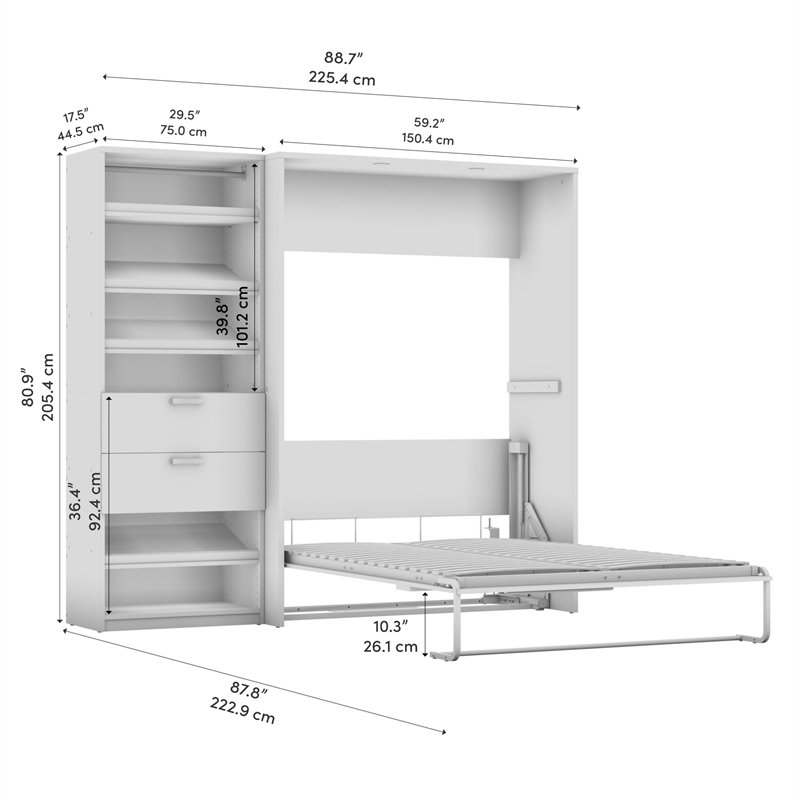 Bestar Cielo Engineered Wood Full Murphy Bed with Closet Organizer in Gray/White