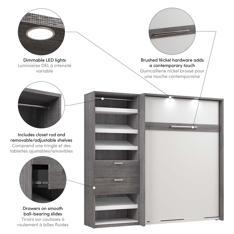 Bestar Cielo Engineered Wood Full Murphy Bed with Closet Organizer in Gray/White