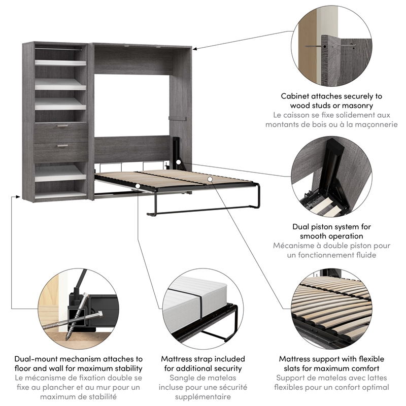 Bestar Cielo Engineered Wood Full Murphy Bed with Closet Organizer in Gray/White