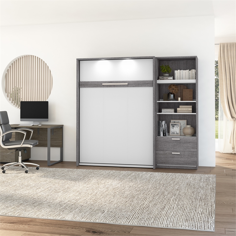Bestar Cielo Engineered Wood Full Murphy Bed with Closet Organizer in Gray/White