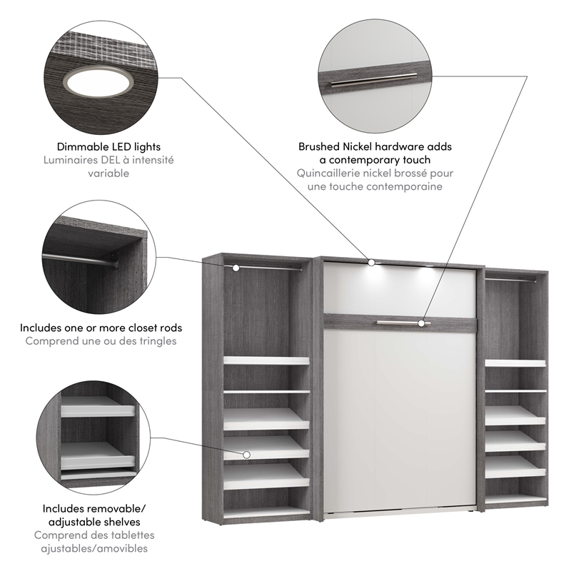 Cielo Full Murphy Bed with Closet Organizers in Gray/White - Engineered Wood
