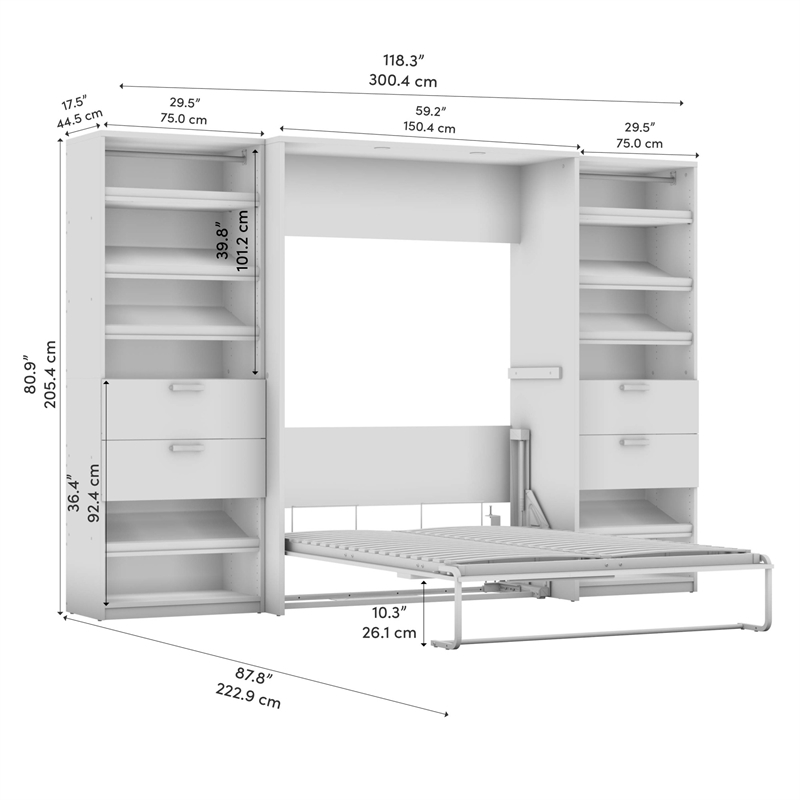Cielo Full Murphy Bed and Organizers w/ Drawers in Gray/White - Engineered Wood