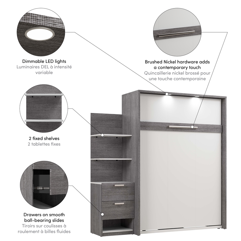 Bestar Cielo Engineered Wood Full Murphy Bed with Nightstand in Bark Gray/White