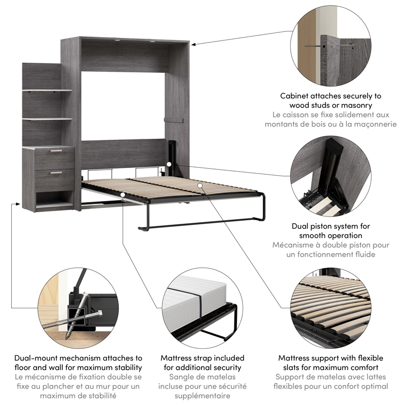 Bestar Cielo Engineered Wood Full Murphy Bed with Nightstand in Bark Gray/White