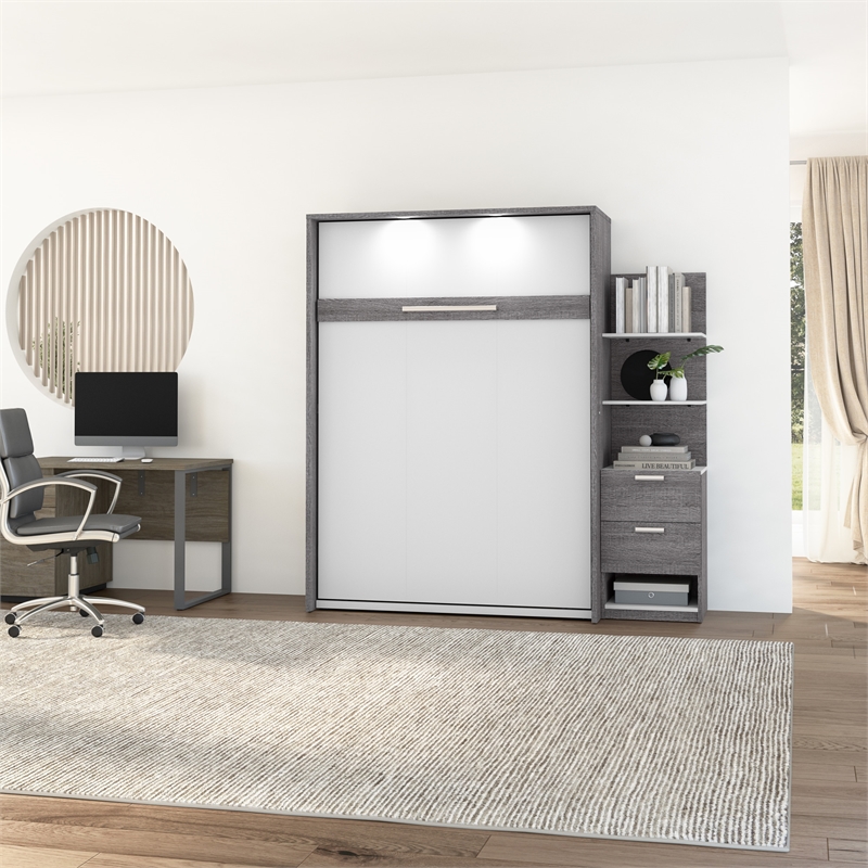 Bestar Cielo Engineered Wood Full Murphy Bed with Nightstand in Bark Gray/White