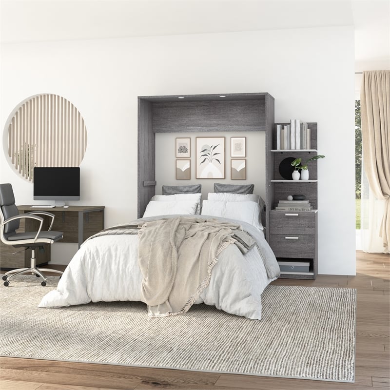 Bestar Cielo Engineered Wood Full Murphy Bed with Nightstand in Bark Gray/White