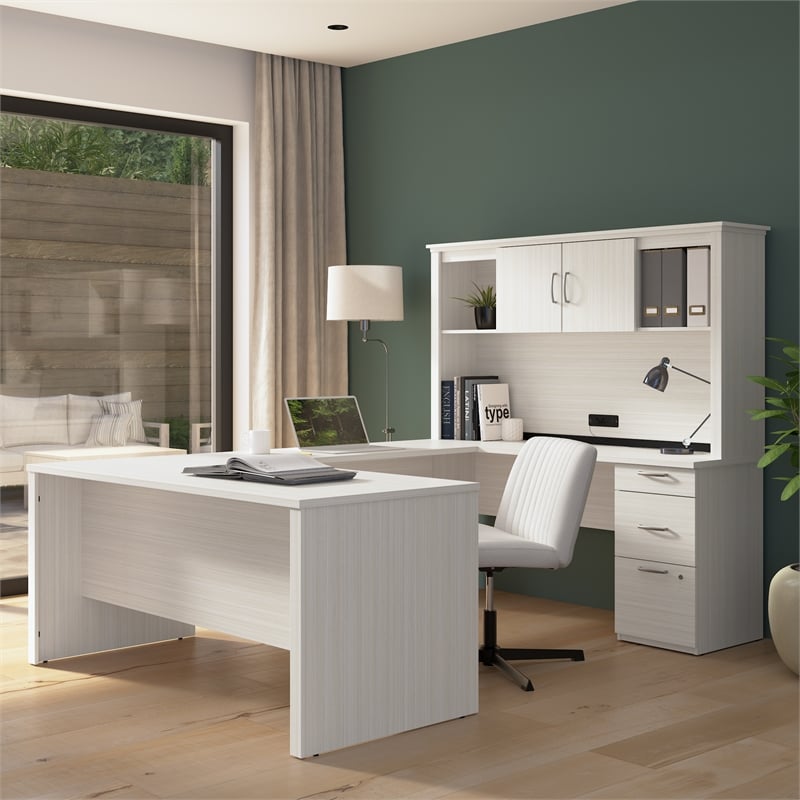 Logan U or L Shaped Desk with Hutch in White Chocolate - Engineered Wood