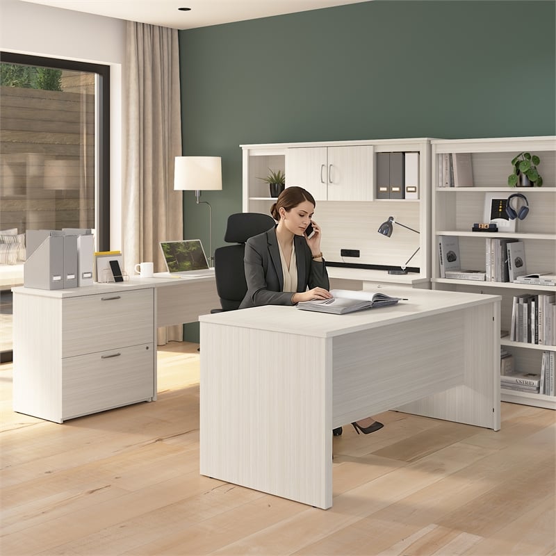 Logan U or L Shaped Desk with Hutch in White Chocolate - Engineered Wood