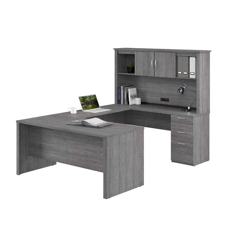 Logan U or L Shaped Desk with Hutch in Bark Grey - Engineered Wood