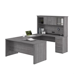 Logan U or L Shaped Desk with Hutch in Bark Grey - Engineered Wood