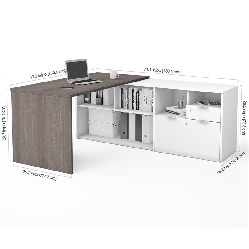 Bestar i3 Plus L Shape Computer Desk in Bark Gray and White