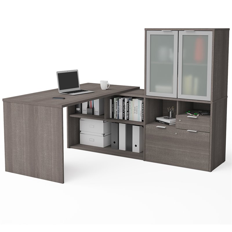 Bestar i3 Plus L Shape Computer Desk with Hutch in Bark Gray