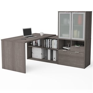 Bestar i3 Plus L Shape Computer Desk with Hutch in Bark Gray