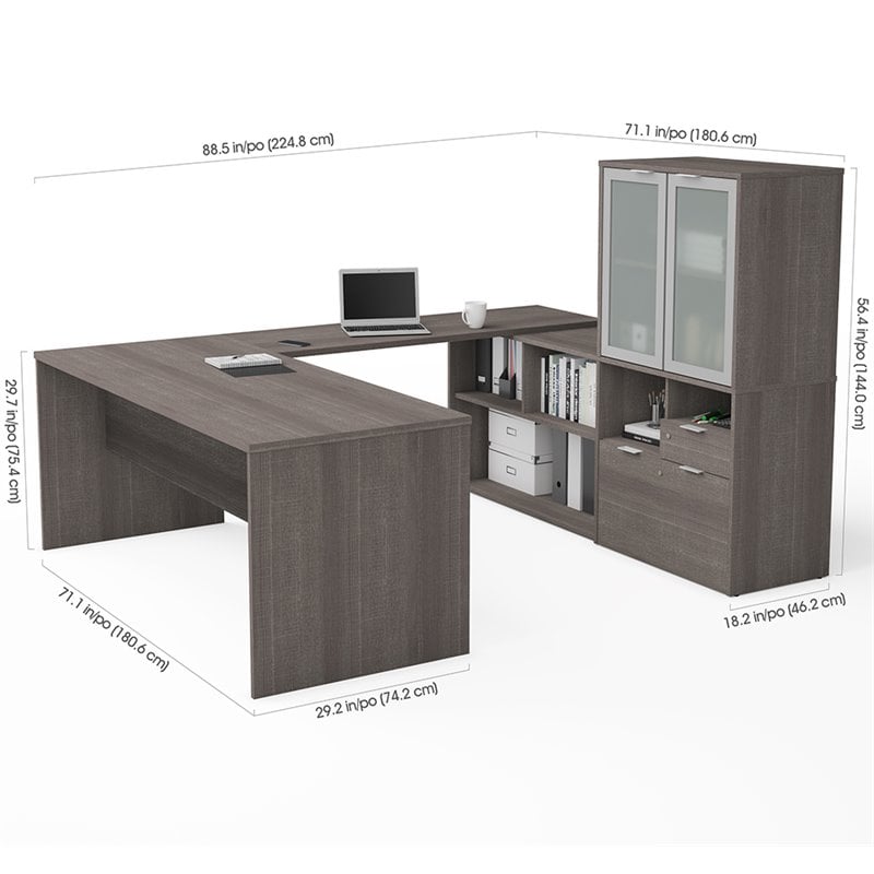 Bestar i3 Plus U Shape Computer Desk with Hutch in Bark Gray