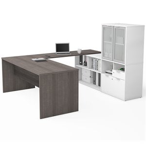 Bestar i3 Plus U Shape Computer Desk with Hutch in Bark Gray and White