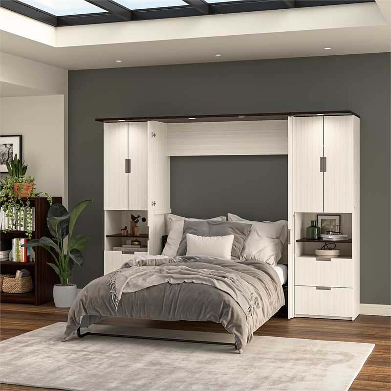Bestar Lumina 3 Piece Full 2 Storage Wall Bed Set in White Chocolate