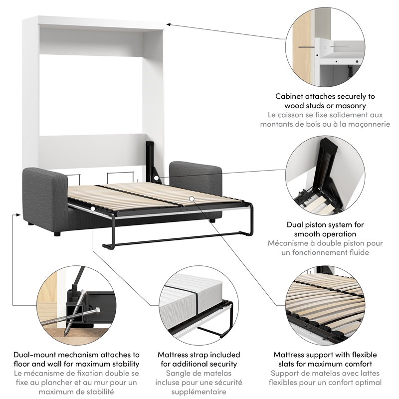 Bestar Nebula 2-Piece Modern Wood Full Wall Bed Set in White and Gray