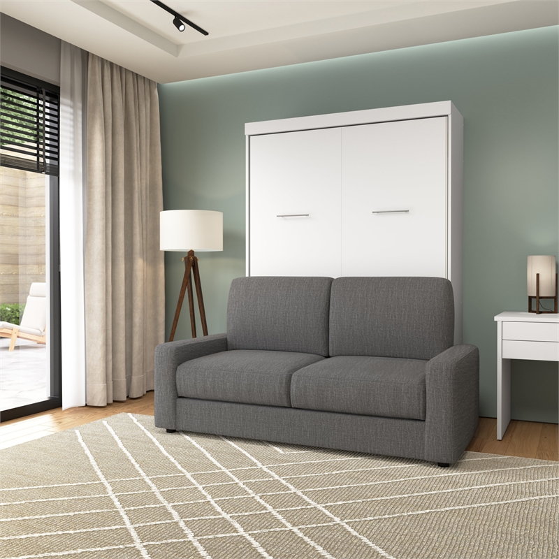Bestar Nebula 2-Piece Modern Wood Full Wall Bed Set in White and Gray