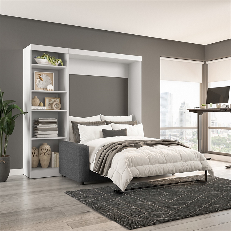 Bestar Pur Full Murphy Bed with Sofa and Shelving Unit (90W) in White