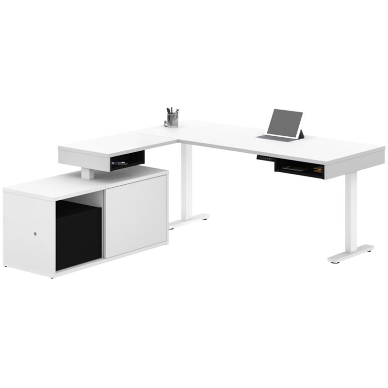 Bestar Pro-Vega L Shaped Adjustable Standing Desk with Credenza in White